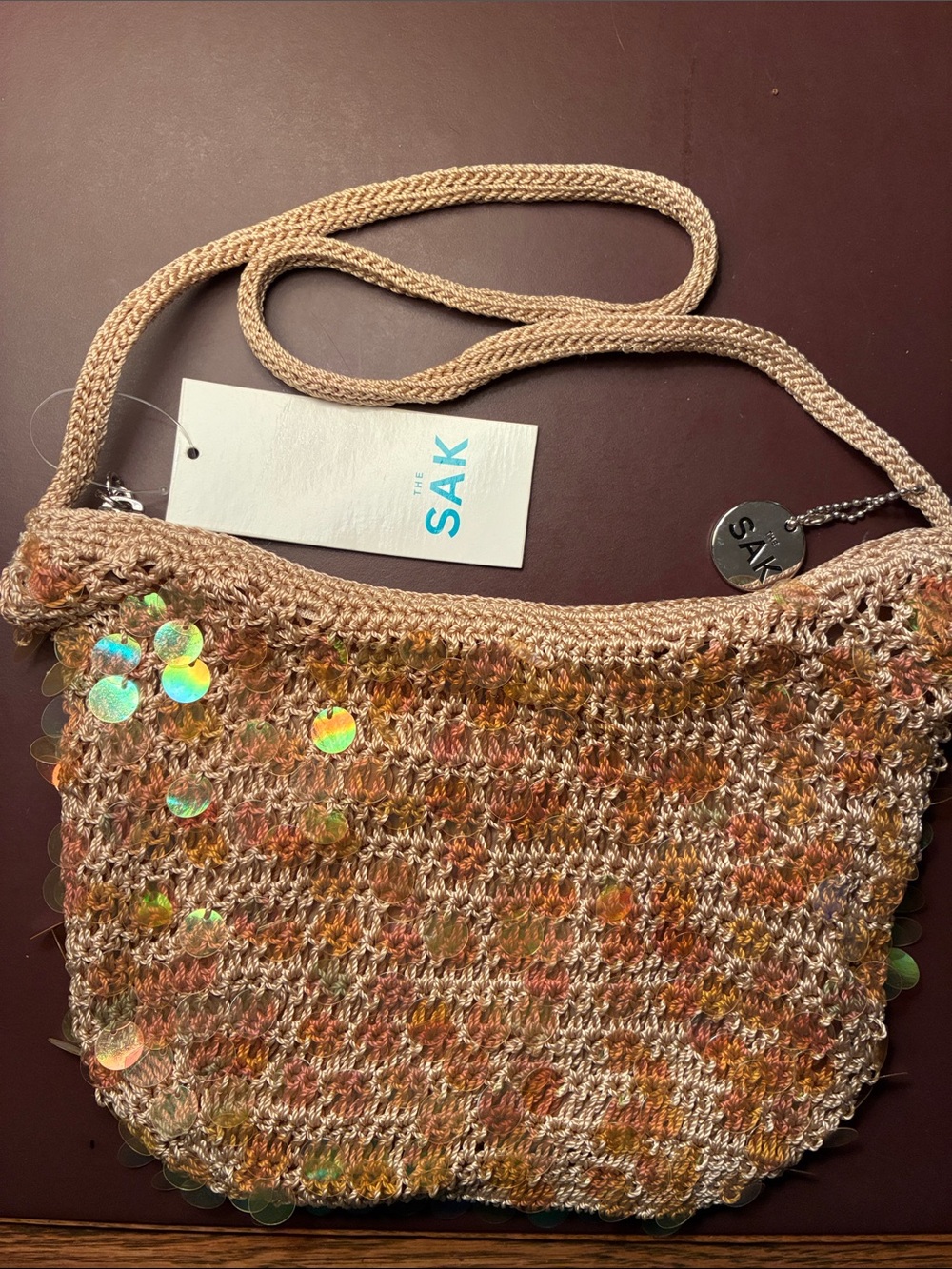 NWT The Sak Beige Crochet Crossbody with Iridescent Sequins